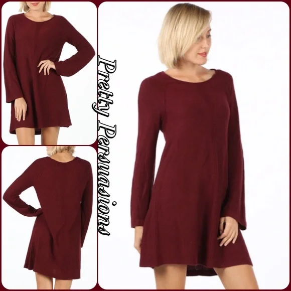 ❤️LAST ONE❤️ Burgundy Long Sleeve Knit Sweater Dress - Picture 3 of 4